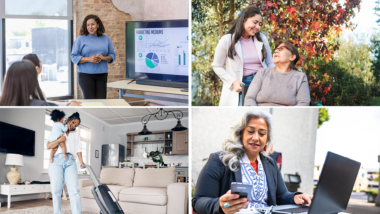 A composite image of Latinas in various home and work settings.